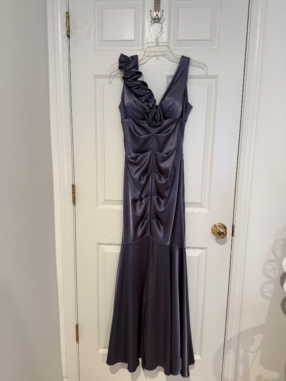 Elegant Satin Formal Evening Gown - Dark Grey / Bluish